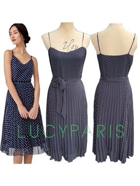 Lucy Paris Navy/White Polka Dot Spaghetti Strap Belted Pleated Midi Dress (M)